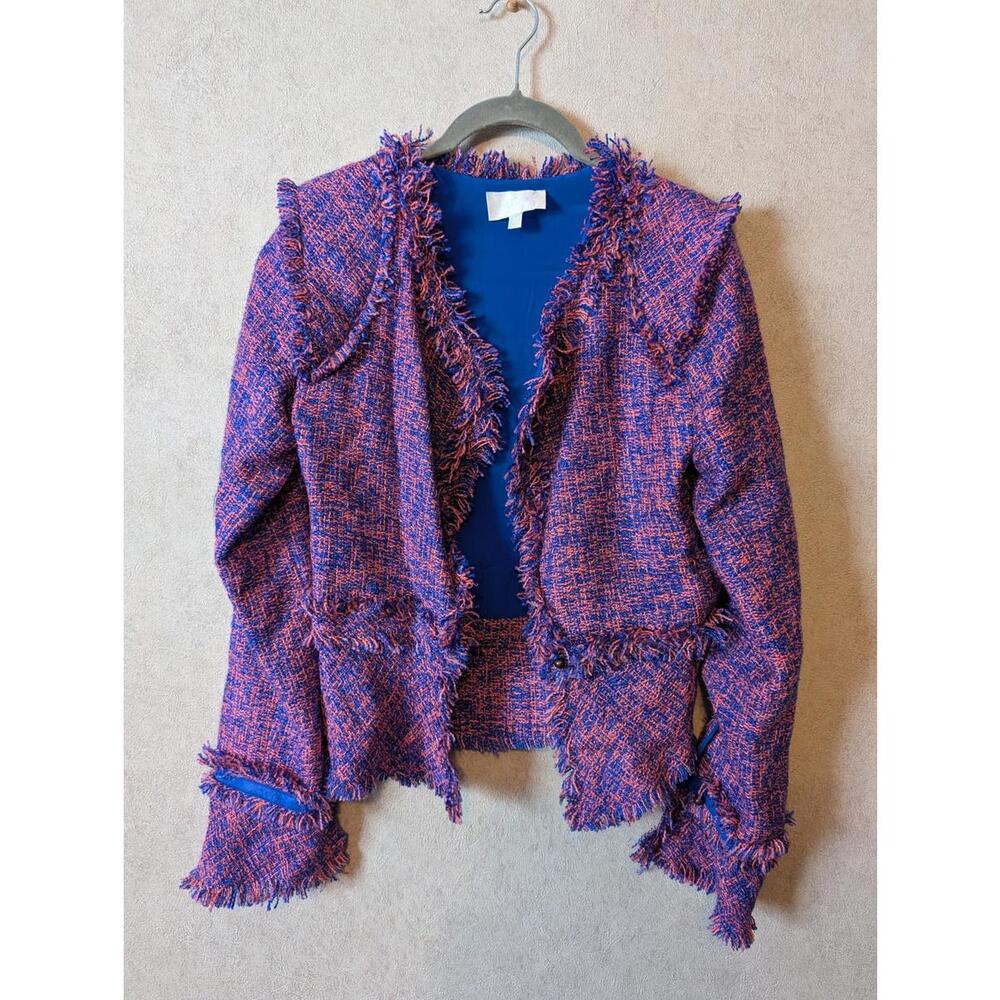 ALEXIS blue orange tweed knit boho shaggy blazer sz M